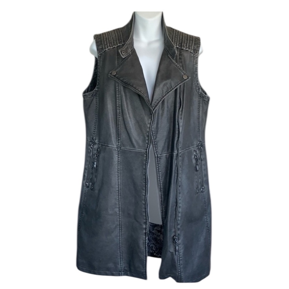 Montana Co vest, Women's L, grey faux leather, hip length, zip front/pockets EUC